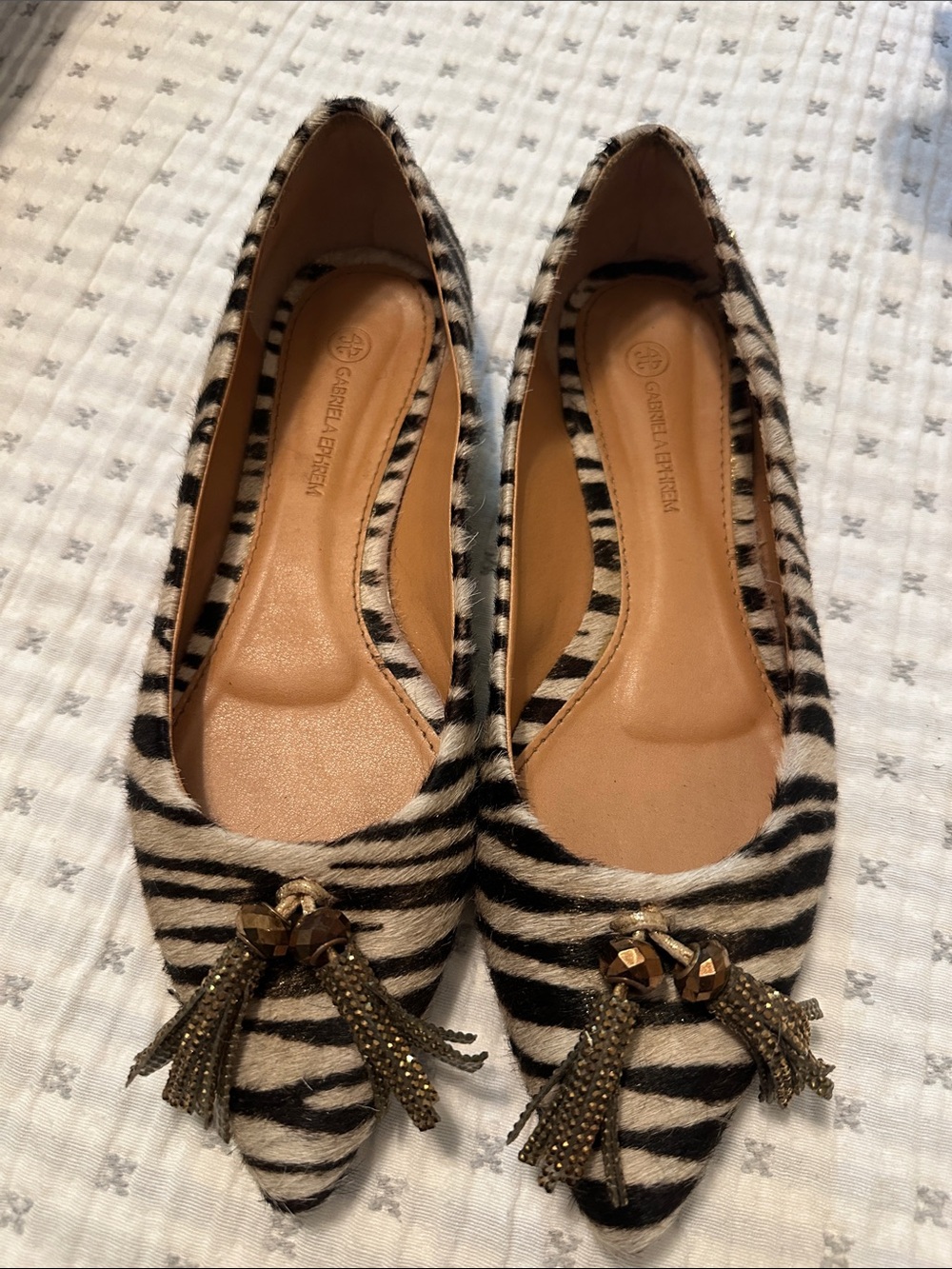 Tory Burch Zebra-Print Pointed Tassel Flats in Black & White